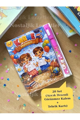 Karne Hediyesi 20 Set Ayıcık Desenli Görünmez Kalem Ve Tebrik Kartı