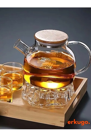 Vakumlu Bambu Kapaklı Isıya Dayanıklı Borosilikat Cam Demlik, Süzgeçli Demlik 1000 Ml Teapot Şeffaf