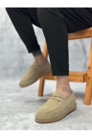Ba0358 Boa Doğal Deri Tozu Bağcıklı Kauçuk El Yapımı Espadril Taban Bej Renk Erkek Ayakkabı Bej