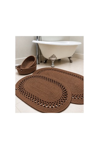 Oval Örgü Banyo Paspası Hasır Görünümlü Dekoratif Kaymaz Banyo Paspası 2 Adet Dekoratif Kutu Hediye Kahverengi Kahverengi