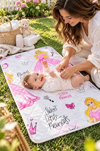 Yıkanabilir Bebek Alt Açma Pedi - Sıvı Geçirmez Kapitoneli Bakım Örtüsü, Pamuklu 50x70 Prenses Desen