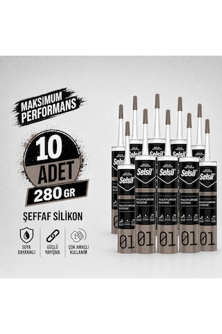 Selsil Şeffaf Genel Amaçlı Silikon 280 Gr Cam Pvc Seramik Banyo Mutfak Sızdırmazlık 10 Adet