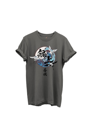 Japon Sanatı Stilinde Turna Kuşları Ve Dalga Desenli %100 Pamuk Regular Fit Unisex T-shirt Gri