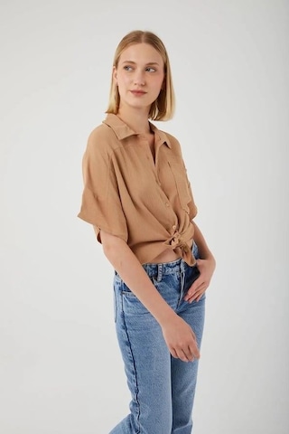 3960 Kadın Robalı Cepli Gömlek Vizon Vizon