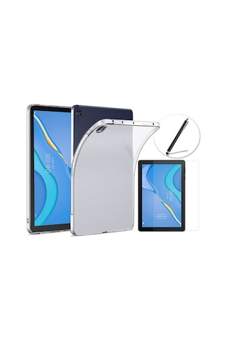 Huawei Matepad T10 - T10s Uyumlu Tablet Kılıfı Şeffaf Silikon + Ekran Koruyucu + Kalem 3'lü Set Kılıf
