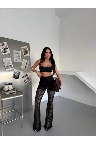 Havens Lace Kabartmalı İspanyol Paça Pantolon Siyah