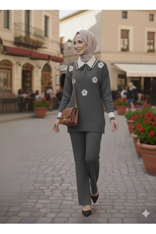 Sayzen Your Shine Gömlek Yaka Broşlu Alt-üst 2'li Triko Takim Sdnz-2501 Gri