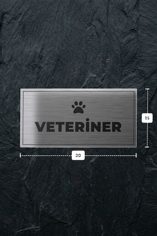 Veterıner Yazılı - Metal - Gümüş Renk - Kapı İsimliği - 30x15 Cm