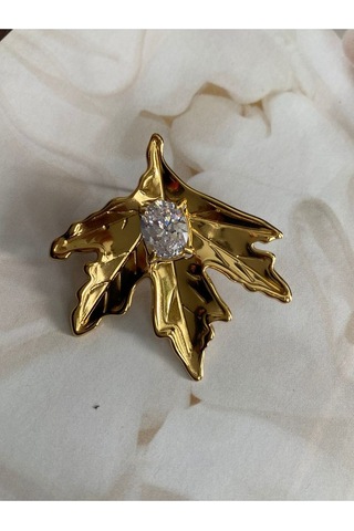 Pinery Jewels İri Taşlı Yaprak Paslanmaz Çelik Kadın Küpe Çifti Altın