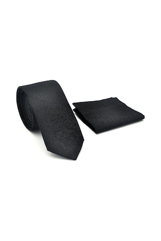 Gaffy Şal Desenli Siyah Dokuma Kumaş Mendilli Slim Fit Kravat // Sdk-2506-1 Siyah
