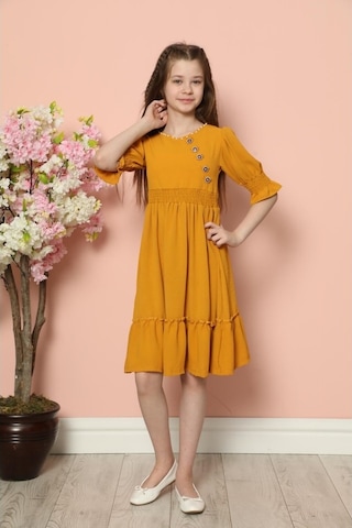 Aymeravm - Yaka Incili Düğme Detaylı Kız Çocuk Elbise - Als14... (545626213) Sarı