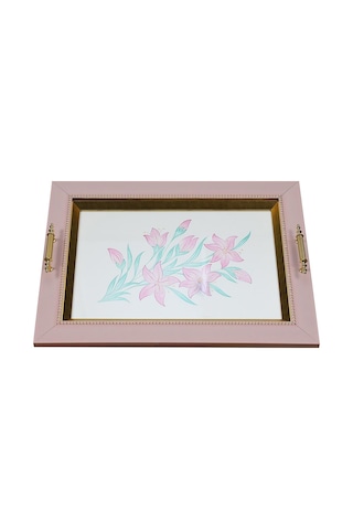E38 El İşçiliği Pembe Çiçek Suluboya Tepsi 36x48 Cm - 6223
