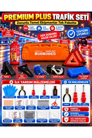 Premium Trafik Ve İlk Yardım Seti Tüvtürk Muayene Uyumlu Ce Belgeli Abc 1kg Yangın Söndürücü Ve E Belgeli Reflektör-turuncu