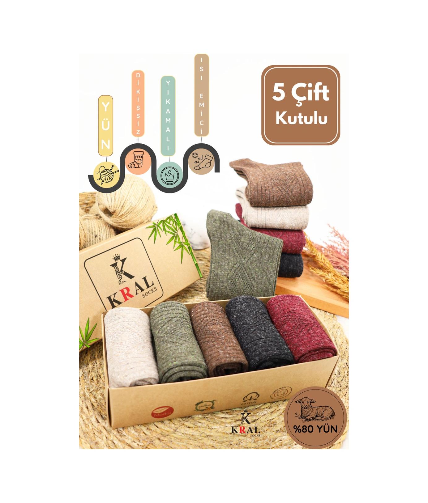 Miss Lana Ladies Socks Kışlık 5 Çift Lambswool Kadınlar Için Termal Kutulu Dikişsiz Yün Çorap ASORTİ