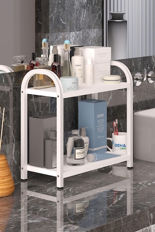 Banyo-mutfak Toparlayıcı Düzenleyici Organizer 2 Katlı Geniş Metal Beyaz Bambu Tezgah Üstü Raf Beyaz