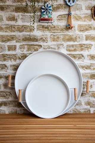 Kitchen Trend Ahşap Kulplu Metal Tepsi 2'li 45 CM+Beyaz Çay Kahve Sunum Tepsisi 30 CM