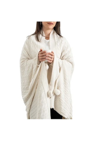 Ponponlu Triko Örme Tv Battaniyesi Koltuk & Omuz Şalı & Diz Battaniyesi 130x170cm - Krem Krem