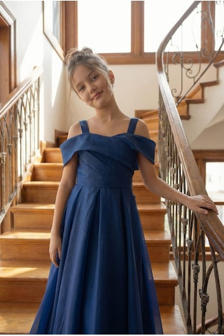 Butikhappykids Kız Çocuk Abiye Uzun Lacivert Askılı Şifon Abiye Elbise 9-15 Yaş Lacivert