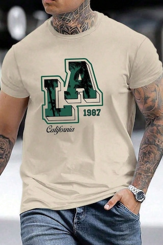 Erkek La California 1987 Baskılı Oversize Tshirt Bej
