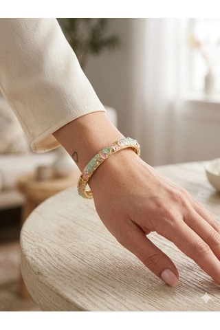Aqua Petal Pembe & Su Yeşili Mine İşlemeli Kelepçe Bileklik - Kbl0451 Çok Renkli