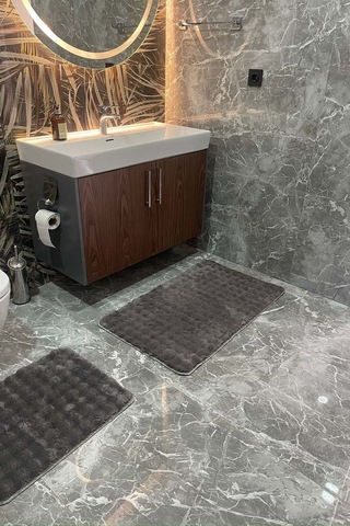 Modern Bubble Yıkanabilir Kaymaz Peluş Banyo Paspası Halısı 2'li Klozet Takımı 60x100 Ve 50x60 Antrasit
