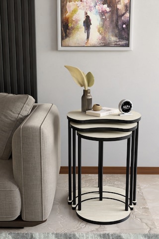 Modern Elma 3 Lü Zigon Sehpa Metal Ayaklı İç İçe Geçmeli Orta Sehpa Takımı Traverten