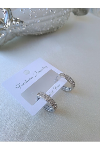 3 Sıra Zirkon Taşlı Halka Küpe Gümüş