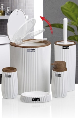 Okyanus Home Beyaz Ahşap Çizgili Yuvarlak 5'Li Banyo Seti