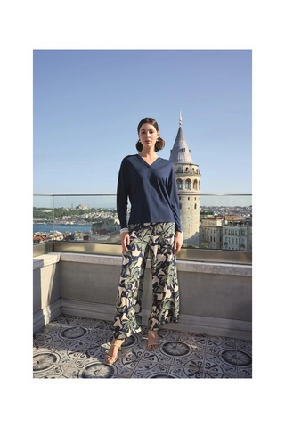 L'ombre Yaprak Desenli Uzun Kollu V Yaka Pijama Takımı Lacivert