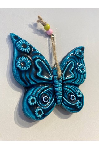 El Yapımı Nazar Boncuğu, Duvar Dekorasyon Ürünü, Seramik, El İşçiliği, Turkuaz Renkte Kelebek Desenli -
