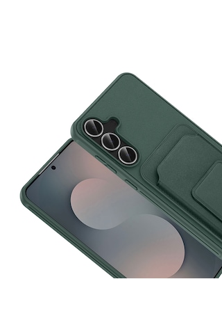 Samsung Galaxy Uyumlu S25 Fe Kılıf Arka Yüzey Kartlıklı Deri Doku Premium Tpu Silikon Standlı Özelliği Kapak Koyu Yeşil