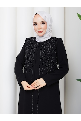 Eslemnur Sarmaşık Taşlı Büyük Beden Anne Elbisesi Siyah