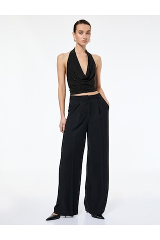 Koton Slim Fit Sırt Dekolteli Taşlı Derin Degaje Yaka Bluz Siyah 6wak10317ek