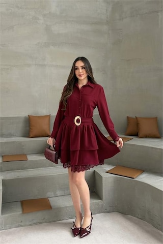Neşeli Butik Kadın Bordo Gömlek Yaka Gold Tokalı Dantel Detaylı Kat Kat Mini Elbise Nbelb07 Bordo