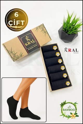 Kral Socks Kadın Bambu Çorap 6 Çift Renkli Hediye Kutulu Patik Kadın Çorap Siyah