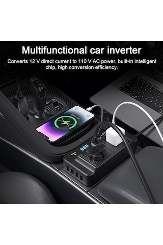 200w Araba İnvertörü 12v İla 110v Modifiye Sinüs Dalgası Güç Dönüştürücüsü 2 Ac Çıkışlı 4 Usb Portlu-siyah