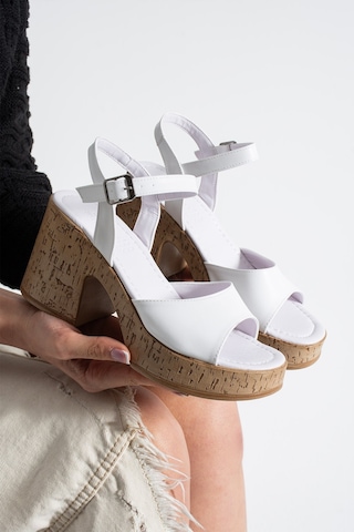 Dabab Shoes Loreva Kadın Beyaz Platform Taban 9 Cm Kalın Topuklu Bilekten Bantlı Sandalet