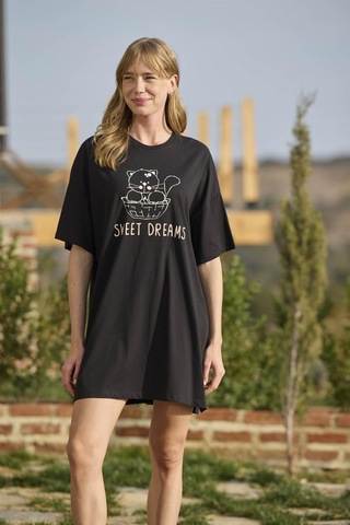 Monamise Kadın Kedi Basklılı "sweet Dreams" Gecelik 24129-siyah Siyah
