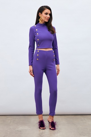 Sateen Düğme Detaylı Pantolon - Mor-132977 Mor