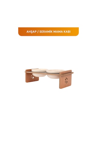 Ahşap Standlı Seramik Kaseli Kedi Ve Köpekler İçin Mama-su Kabı Antrasit