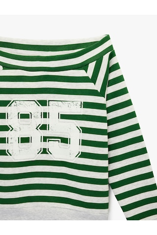 Koton Rahat Kalıp Uzun Kollu Çizgili Kayık Yaka Baskılı Sweatshirt Yeşil Çizgili 6sal10230ık Yeşil