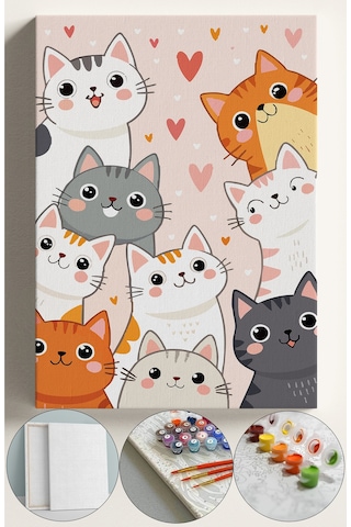 Sayılarla Boyama Seti Numaralı Tuval Fırça Boya 40x50 Cm - Sevimli Kediler