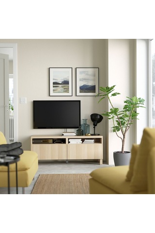 Tv Sehpası, Ağartılmış Meşe Görünümlü, 120x42x48 Cm, Lappvıken, Çıt Çıt Raylı Meşe