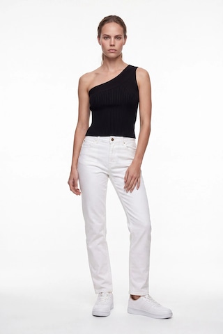 CEMO Kadın Yüksek Bel Mom Fit Düz Paça Jean Pantolon Beyaz