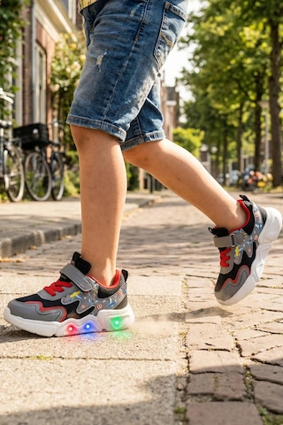 In Step Unisex Çocuk Işıklı Spor Ayakkabı - Siyah Beyaz Dinazor Desenli Cırt Cırtlı