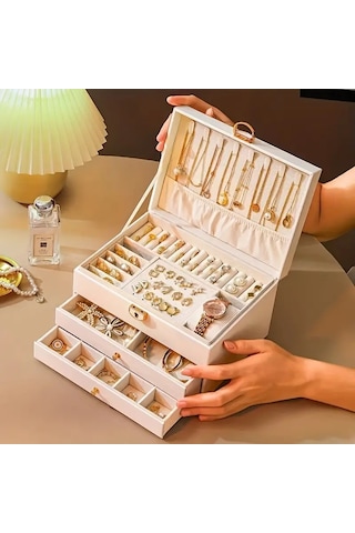 Kilitli Lüks Büyük Kapasiteli Takı Kutusu -beyaz