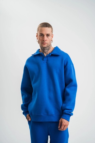 Erkek Patlı Yaka Üç İplik Pamuklu Sweatshirt Double Oversize Rahat Kalıp Günlük Kullanım - Mavi Mavi