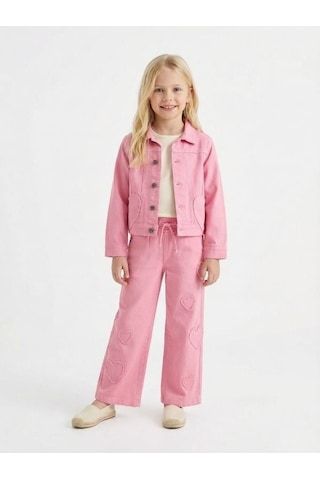 Zekids Kız Çocuk Kalp Detaylı Üçlü Takım Ceket + Bluz + Pantolon -17174 Pembe
