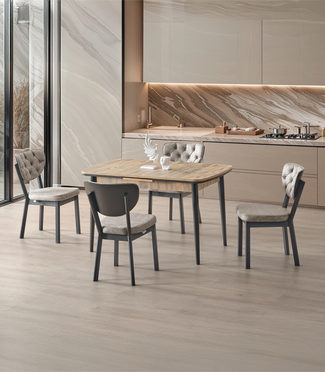 Dengema Berlin 116 Açılır Masa Takımı Ceviz Desen, Siyah Ayak, 80 130 180 Cm, 4 Sandalyeli Ceviz - Siyah Ayak