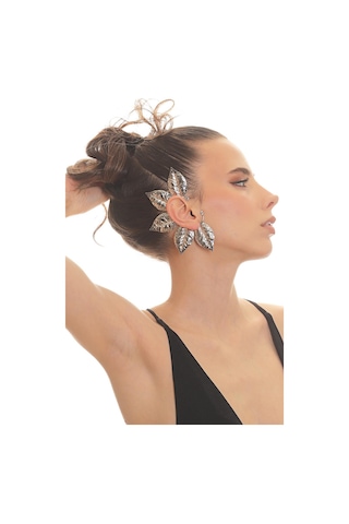 Kadın Gümüş Renk Lak Kaplama Zirkon Taşlı Dokulu Yaprak Stilizesi Sağ Kulak Earcuff&kıkırdak Küpe Çok Renkli